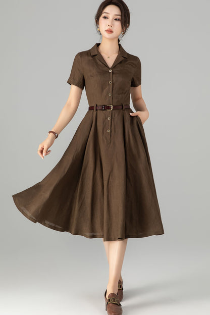 Coffee Linen Dress - Retro Midi Shirt Dress with Belted Waist 5711