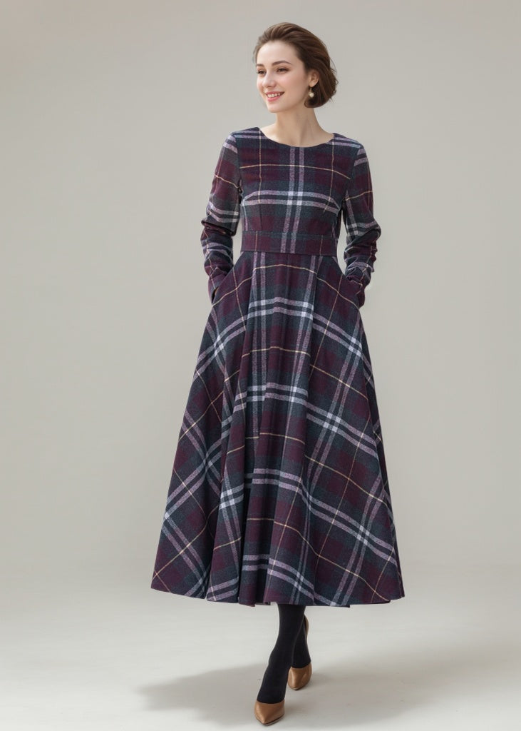 Handmade Swing plaid midi wool dress women 5308