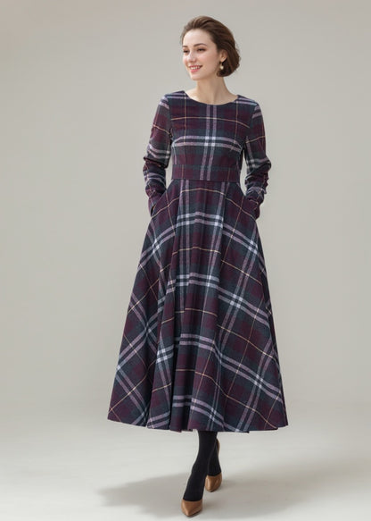 Women’s Wine Red Plaid Wool Midi Dress – Handmade Retro Fit and Flare | Xiaolizi 5308