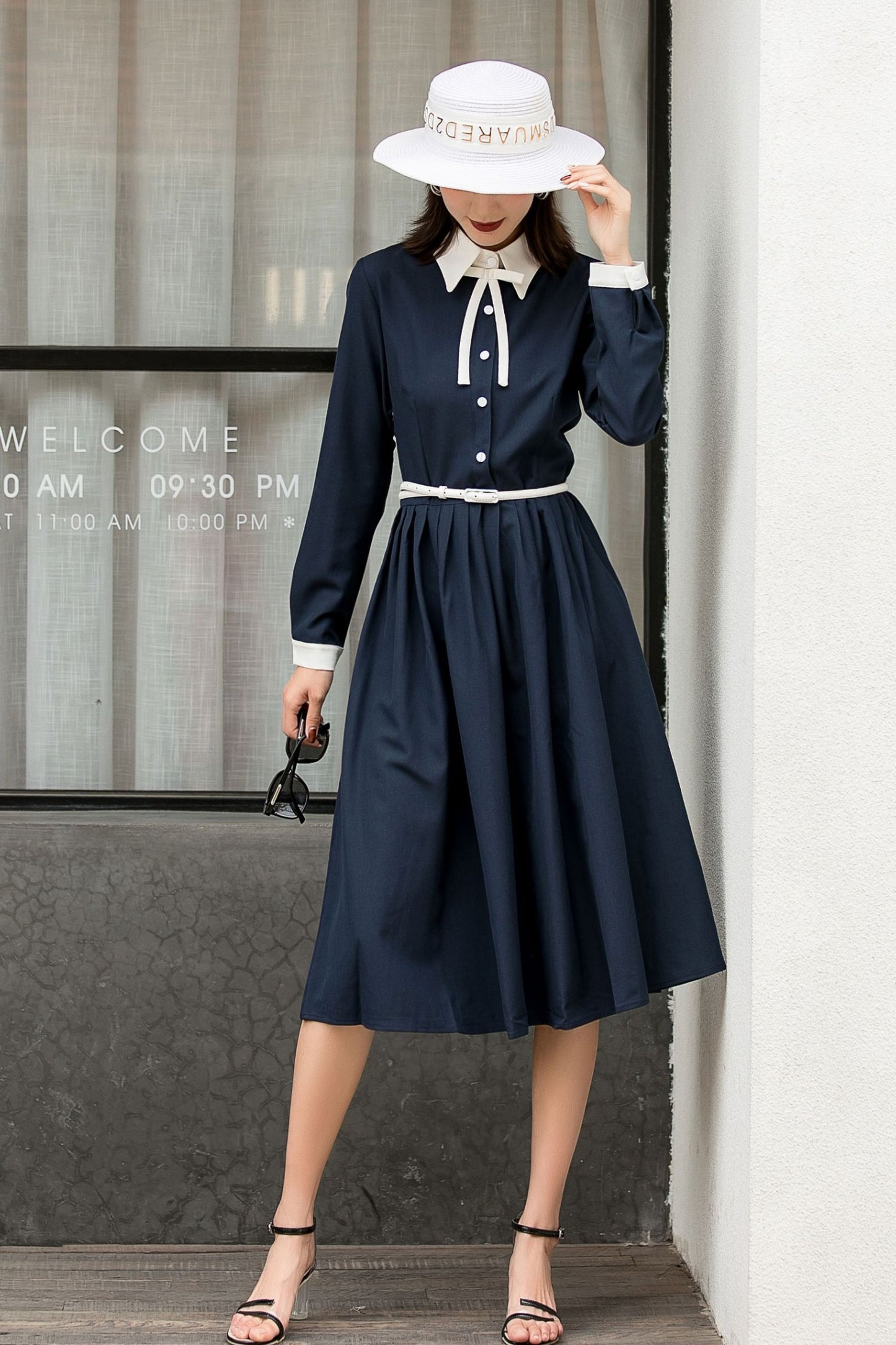 Summer Fall Navy Formal Button Up Midi Dress 2845