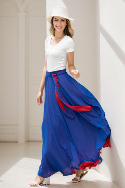 Red Chiffon Ankle-Length Skirt - Elastic Waist with Belt 5108