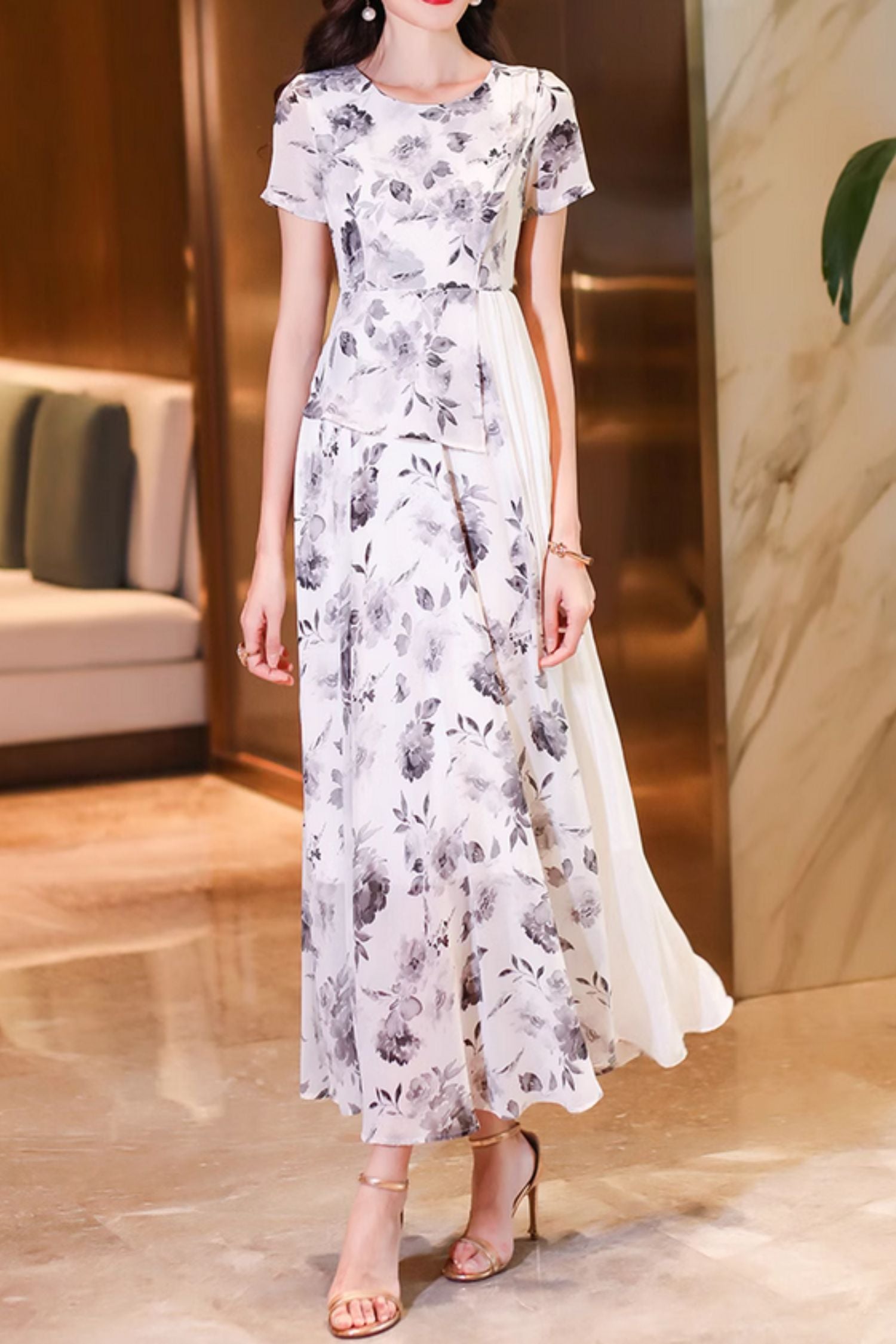 dress floral chiffon polyester Chiffon Maxi Dress with Floral Patchwork in Black and Red