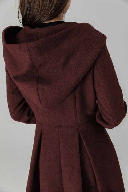 Burgundy Hooded Wool Maxi Coat – Vintage Swing Long Winter Overcoat 5242