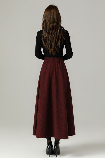 Burgundy Wool Maxi Skirt – Vintage High Waist A-Line Winter Skirt with Pockets 5227