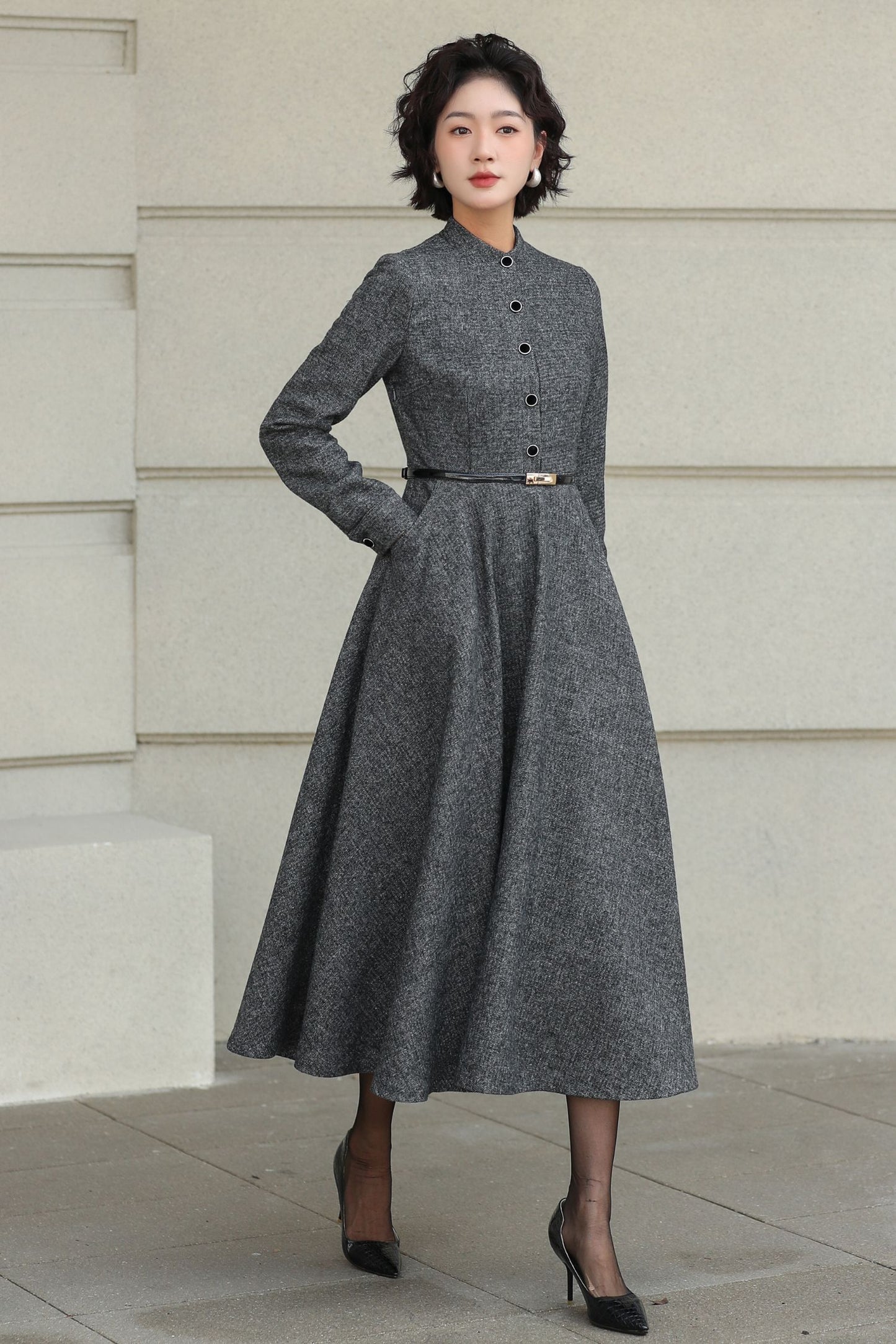 Wool A-Line Midi Gray Belted Vintage Style Dress 6508