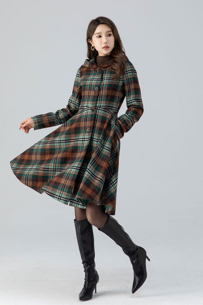 Plaid Wool Coat Midi Dress - Hooded Fit and Flare Winter Outerwear 4784