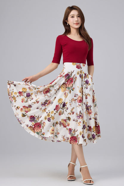 White Floral Cotton Linen Midi Skirt - High Waist, A-line Swing | Xiaolizi 6764