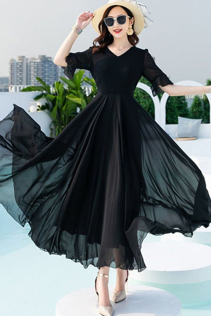 Chiffon Maxi Swing Dress - V-Neck Ruffle Sleeve Prom | Xiaolizi TT0039