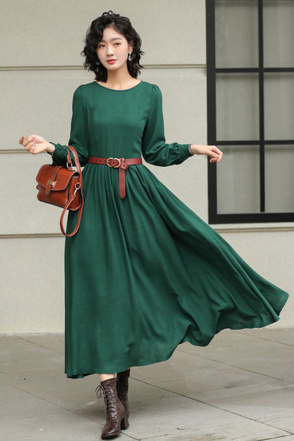 Green Linen Cotton Maxi Dress - Pleated Waist, Flowing A-Line Silhouette 6425