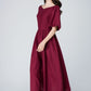 Burgundy midi summer womens linen dress 1573