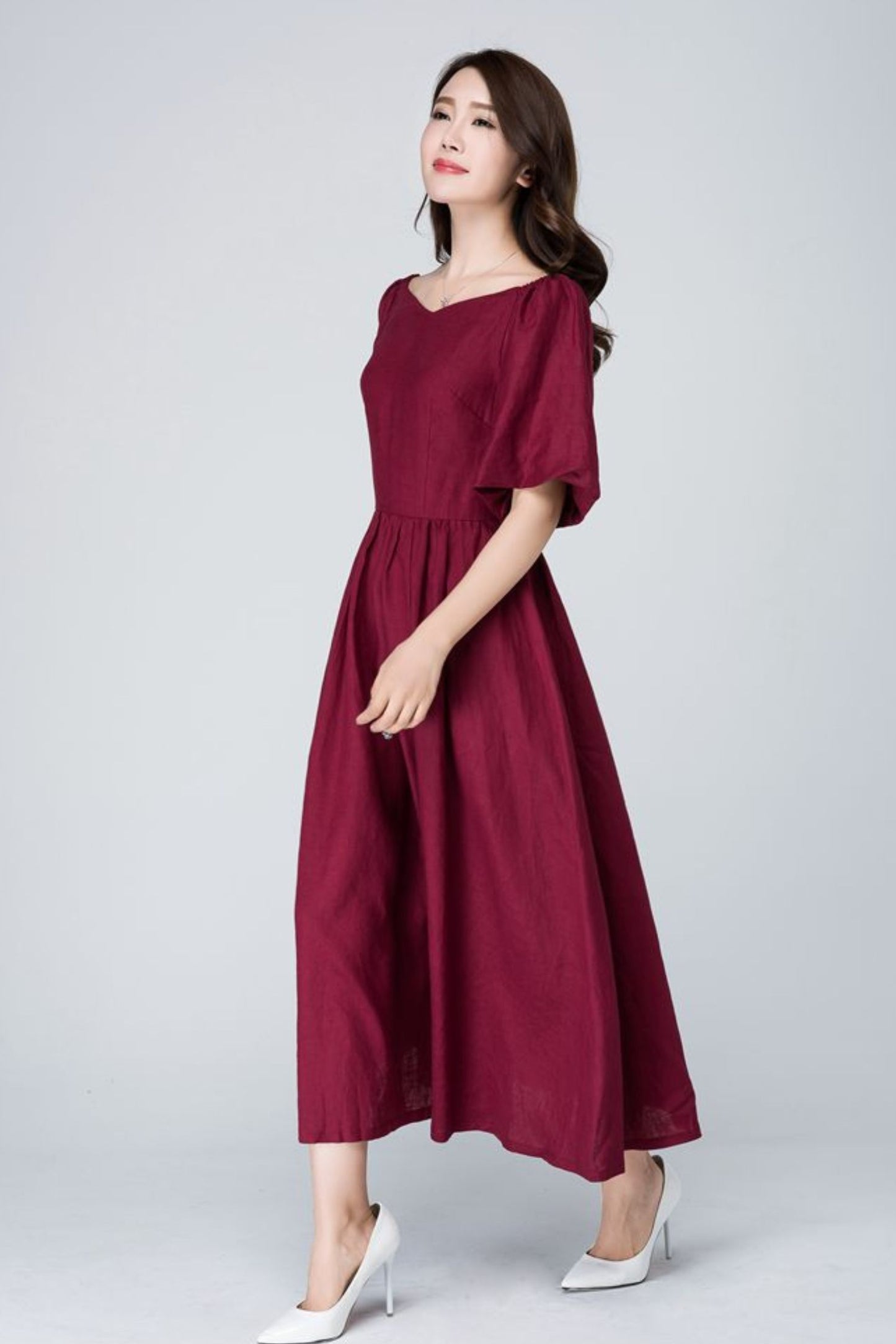 Burgundy midi summer womens linen dress 1573