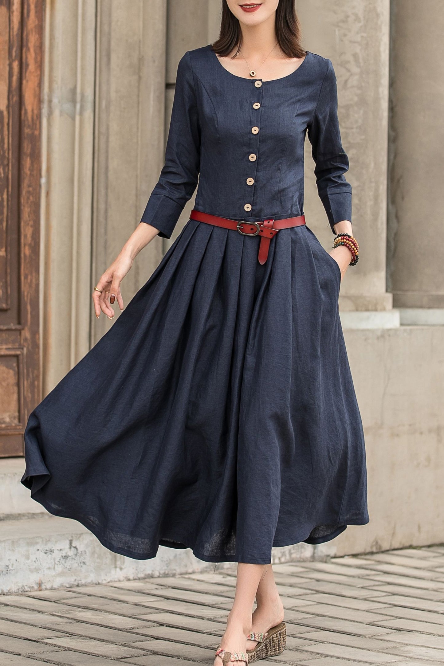 Pleated drop waist long sleeves spring linen dress 2742
