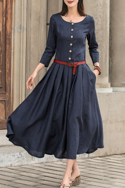 Navy Linen Maxi Dress - Drop Waist 3/4 Sleeves Pockets | Xiaolizi 2742