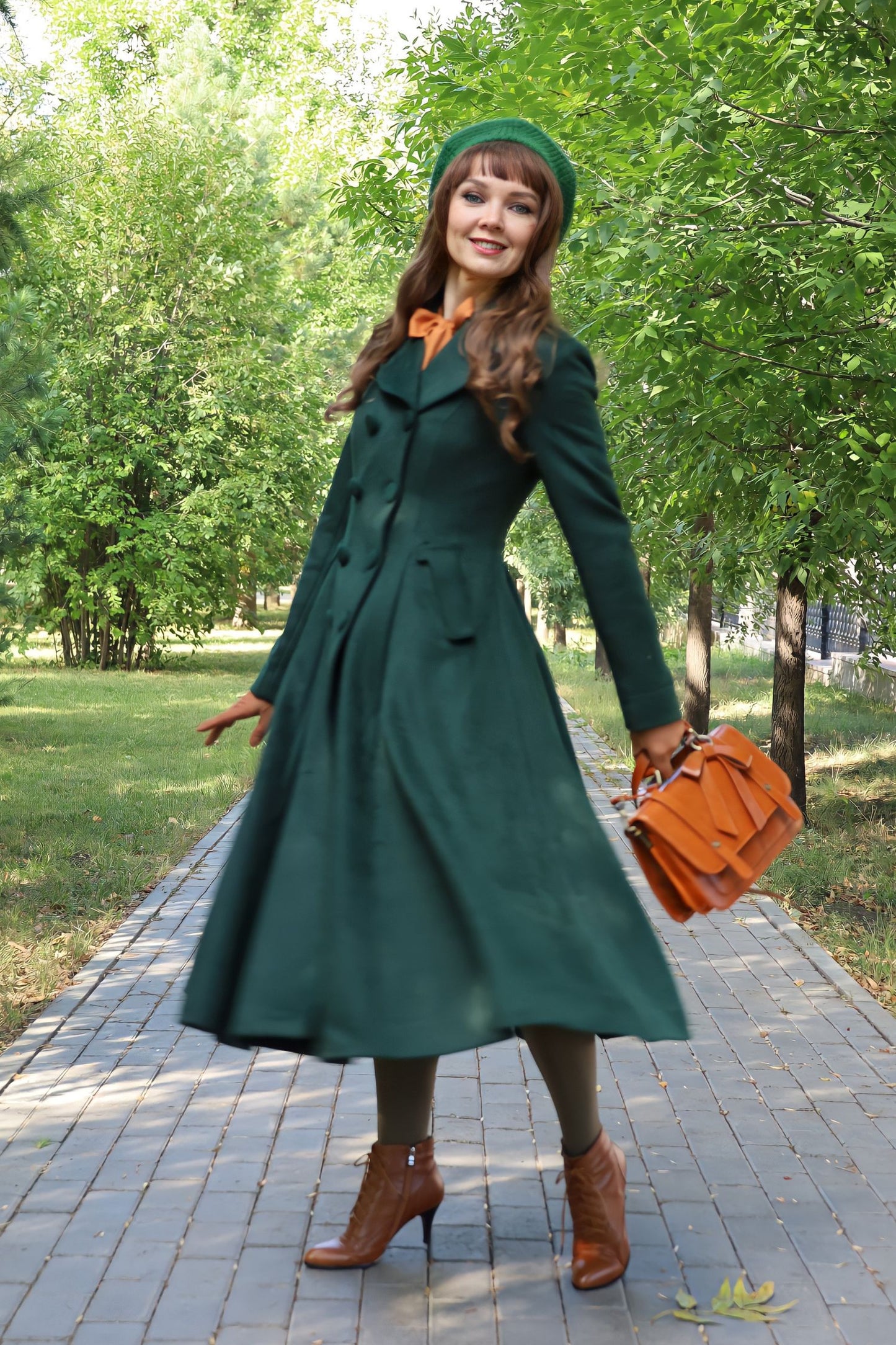 Green Winter Women Custom Retro Wool Coat 3155