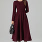 Burgundy Wool Dress – Handmade Long Sleeve Fit & Flare Winter Midi | Xiaolizi 6392