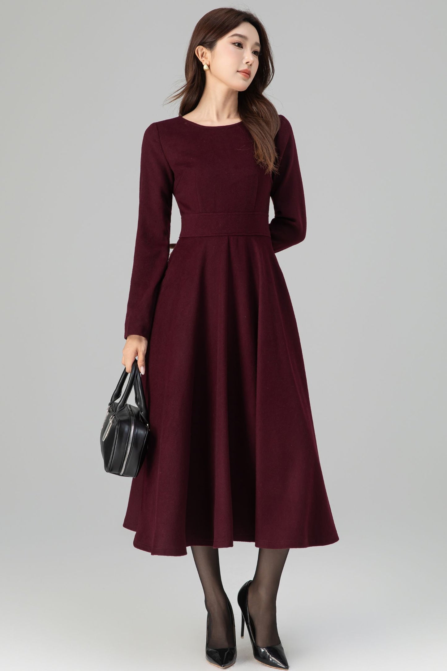 Burgundy Wool Dress – Handmade Long Sleeve Fit & Flare Winter Midi | Xiaolizi 6392