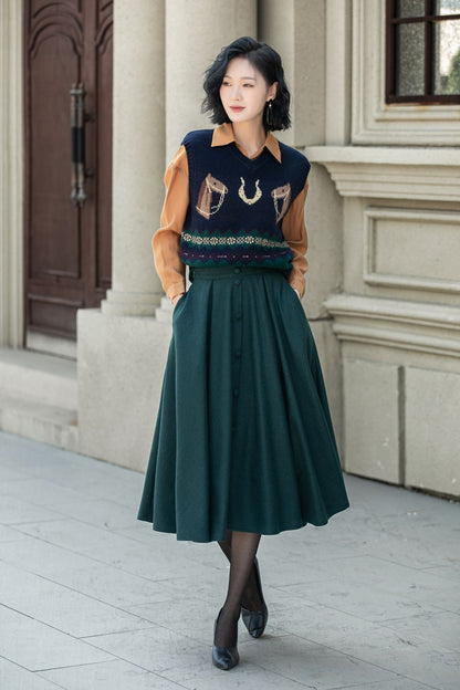 Dark Green Wool Midi Skirt - Flared A-Line with Elastic Waist 5311