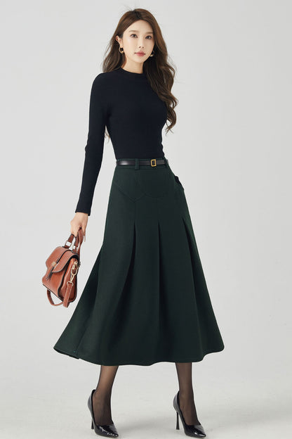 Dark Green Wool Midi Skirt – Vintage High Waist A-Line Winter Skirt with Pockets 4532