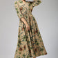 Handmade Floral Linen Shirt Dress – Vintage Drawstring Maxi Dress | Xiaolizi 696