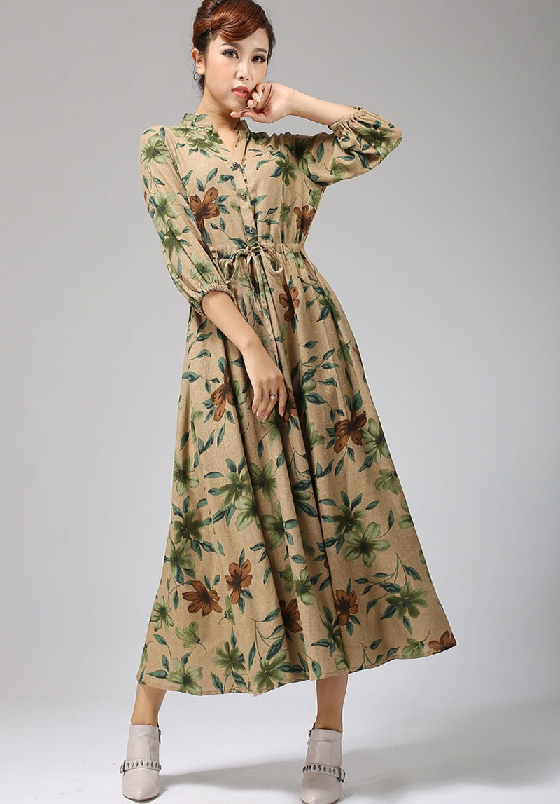 Handmade Floral Linen Shirt Dress – Vintage Drawstring Maxi Dress | Xiaolizi 696