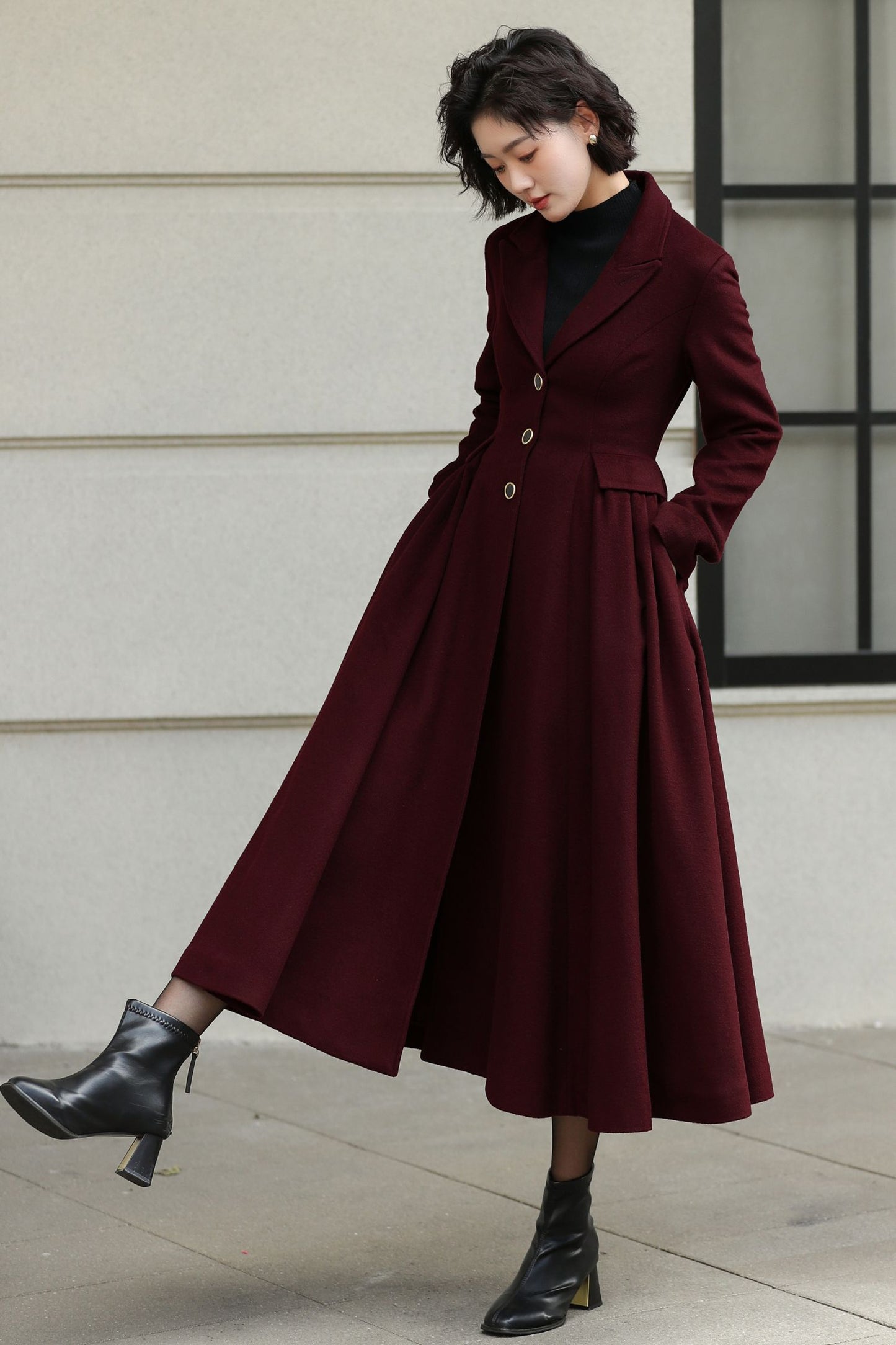 Handmade fit and flare burgundy winter wool coat 6533