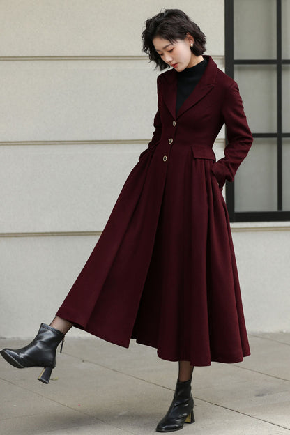 Handmade fit and flare burgundy winter wool coat 6533
