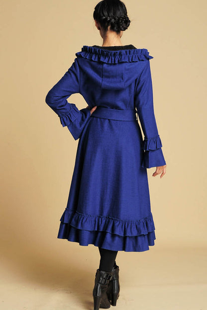 Royal blue fairy-tale inspired wool coat with ruffled cuffs and flowing silhouette