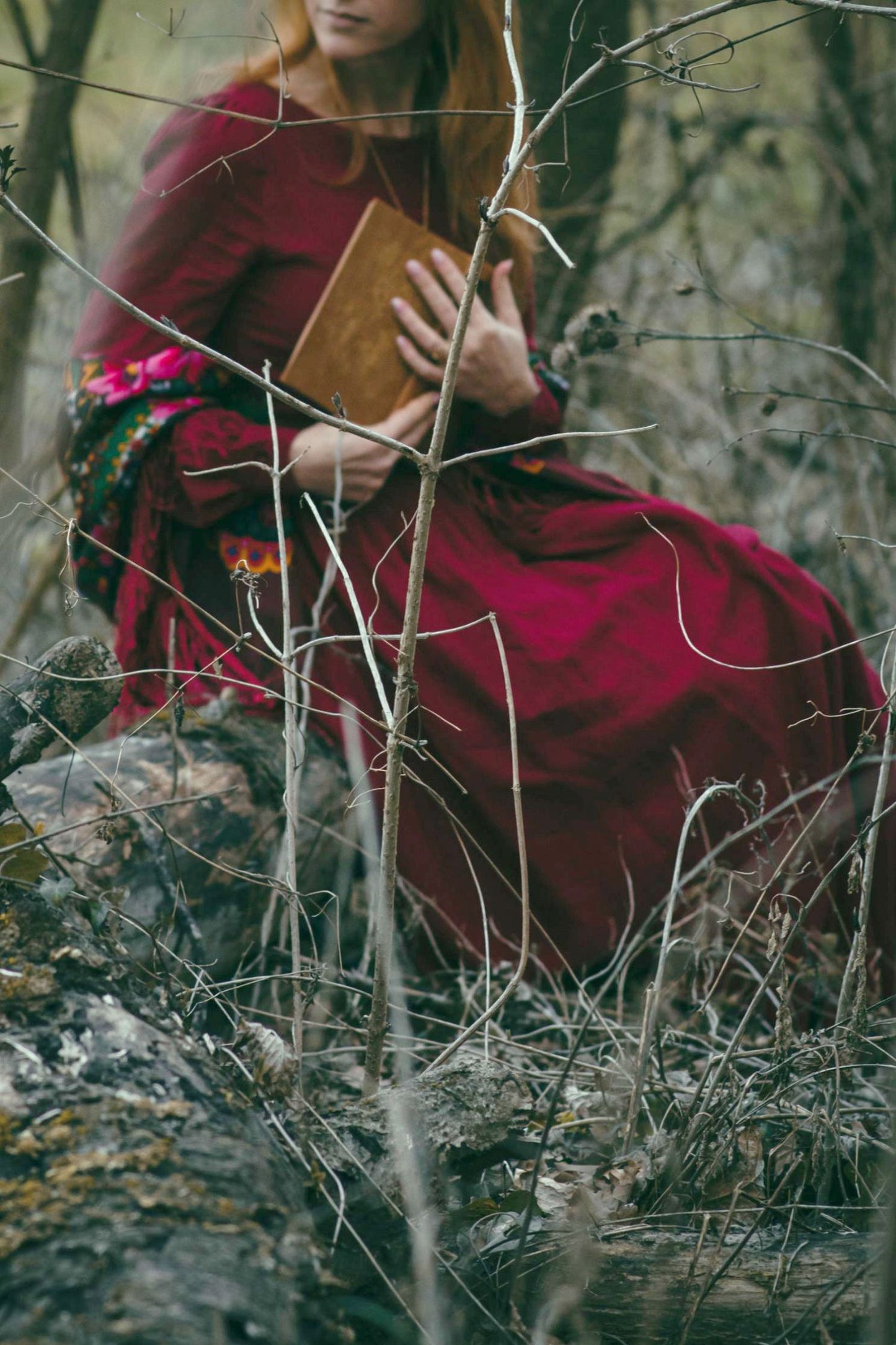 Long sleeves burgundy spring linen dress 5105