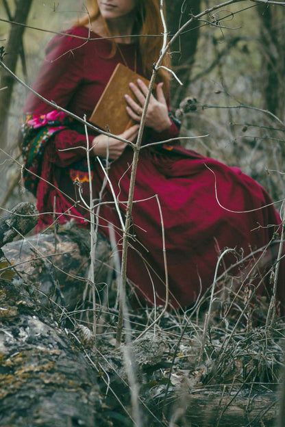 Burgundy Linen Cotton Maxi Dress - Pleated Waist & Lantern Sleeves 5105