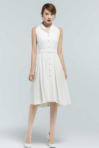 White Linen Shirt Dress - Sleeveless Fit and Flare Knee-Length 2378