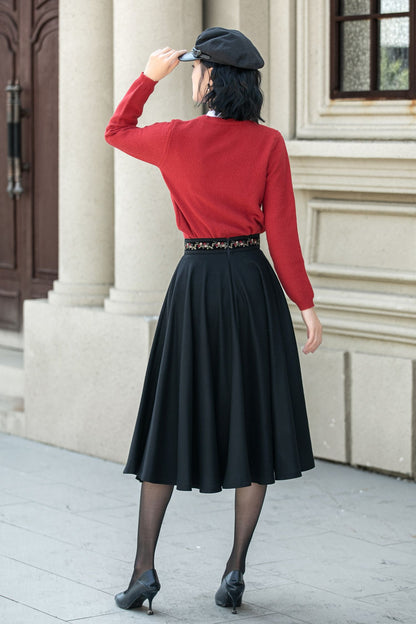 Vintage Black Wool Midi Skirt – Embroidered Waist Circle Skirt  5310