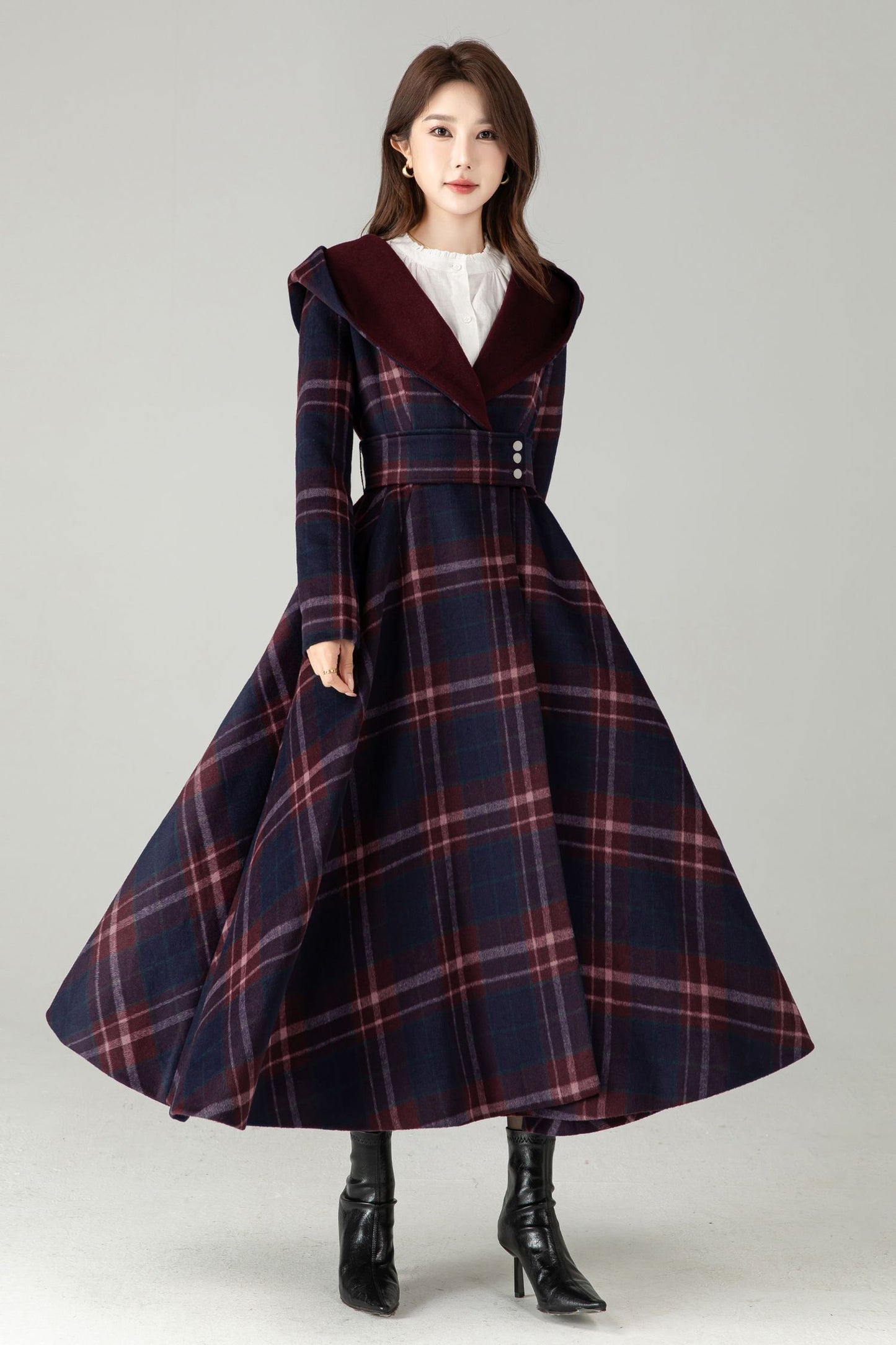 Plaid Hooded Wool Coat – A-Line Long Winter Coat with Contrast Lapel | Xiaolizi 6570