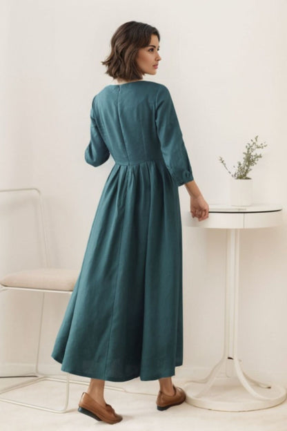 Dark Green Linen Maxi Dress - Flowy A-Line with Pleated Waist 5513