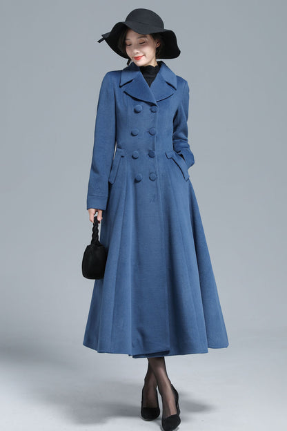 Blue Wool Maxi Coat - Vintage Inspired Fit & Flare Silhouette 3127