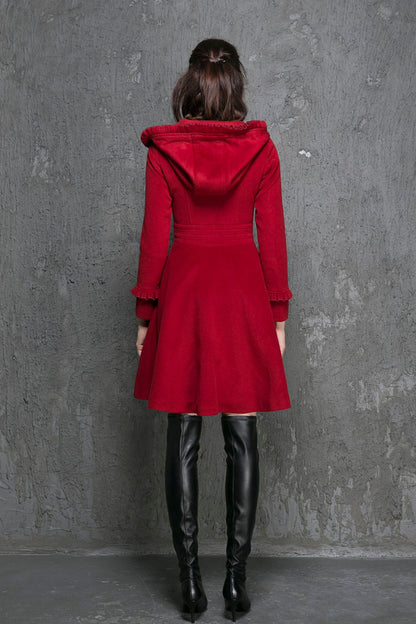 Wine Red Hooded Wool Coat – Elegant Ruffle Trim Winter Jacket | Xiaolizi 1354