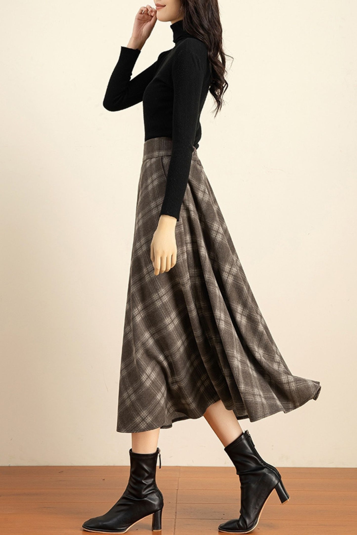 Plaid midi winter wool skirt women 6211