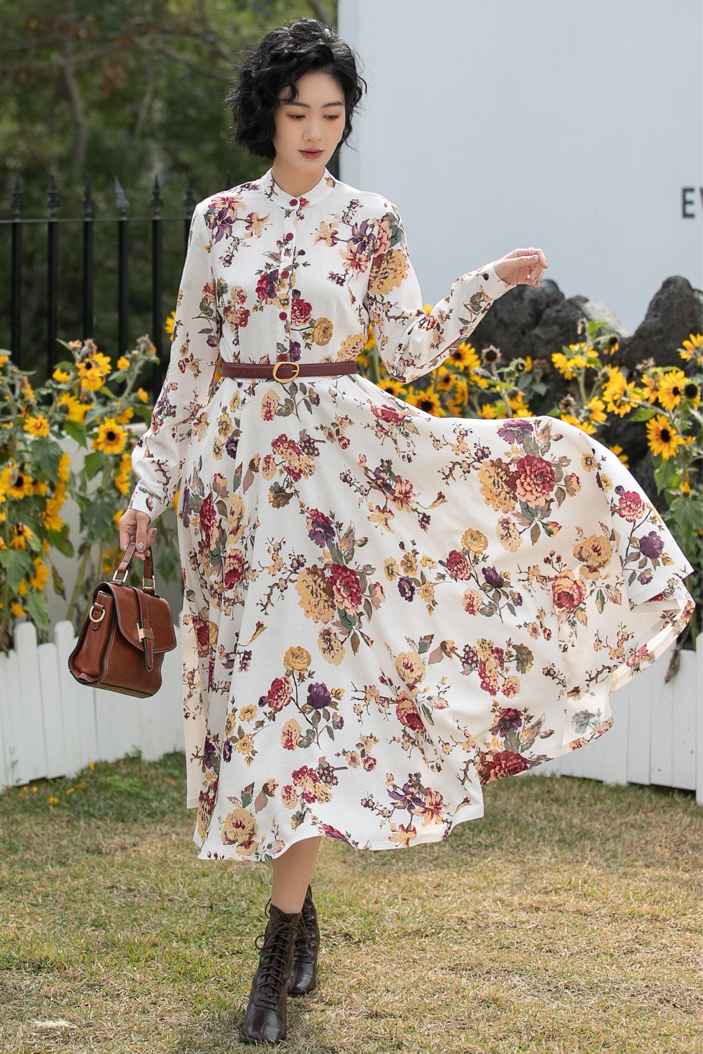 Xiaolizi Floral Linen Midi Dress – Vintage Mandarin Collar Shirt Dress 6691