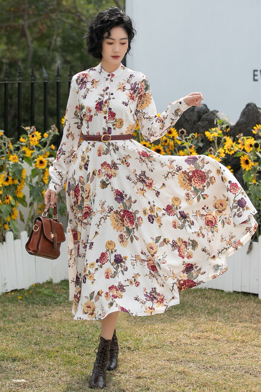 Xiaolizi Floral Linen Midi Dress – Vintage Mandarin Collar Shirt Dress 6691