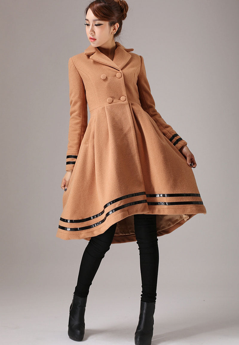 Handmade Camel Wool Blend Coat – Vintage Drop Hem Winter Overcoat with Black Trim | Xiaolizi 0757