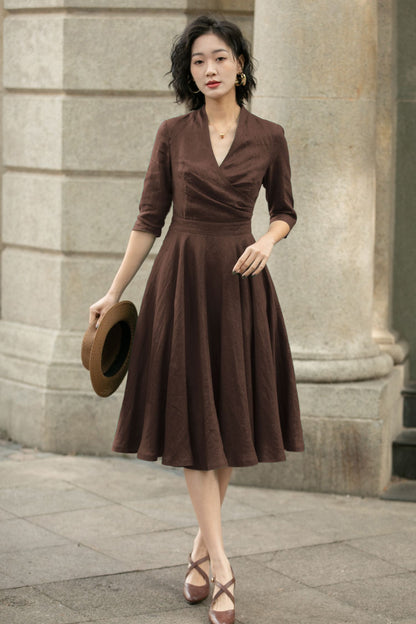 Brown Linen Midi Dress - A-Line V-Neck Pleated | Xiaolizi 5754
