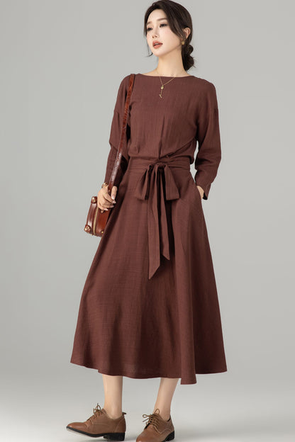 Brown Linen Cotton Midi Dress - Boat Neck, Belted Waist 5704