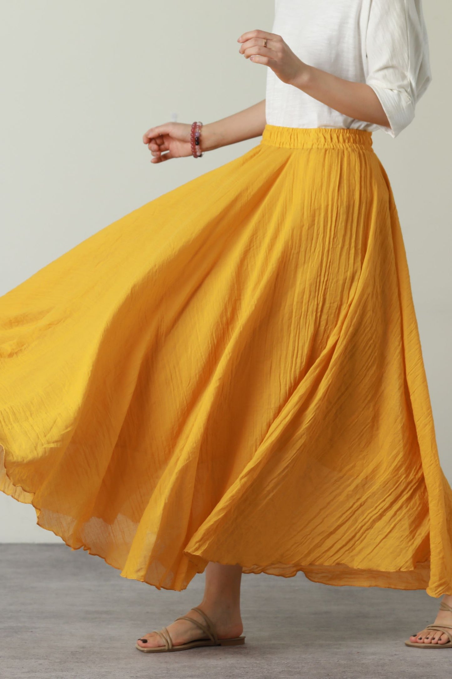 Elastic waist swing long linen skirt women 6179