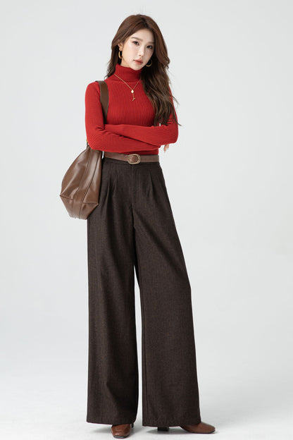 Brown Wool Wide Leg Pants - Soft Lined Winter Essential 5318