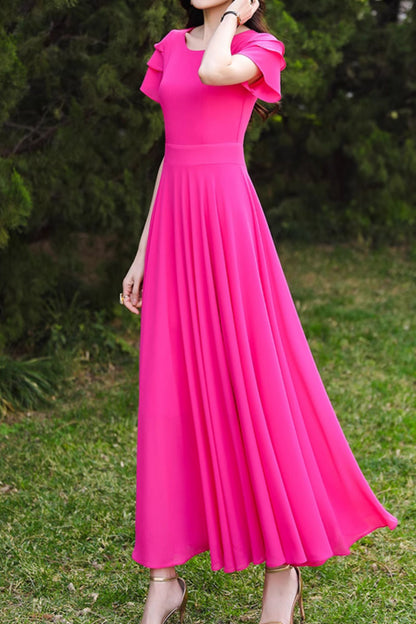 Rose Red Chiffon Maxi Dress - Flowing Skirt, Short Sleeve 5103