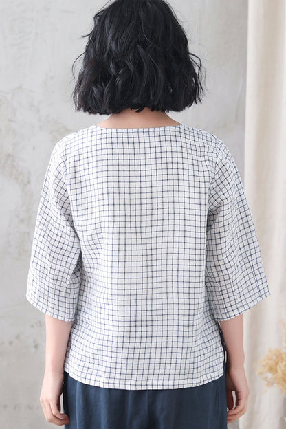 White Check Linen Blouse – Loose Fit 3/4 Sleeve Summer Top 3337