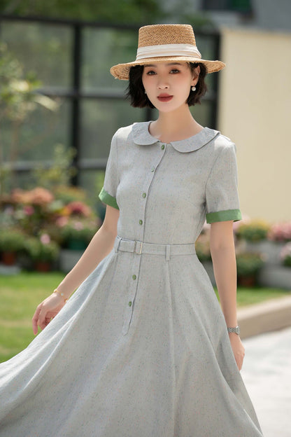 Grey midi Swing linen shirt Dress 5987 - S #CK2500324