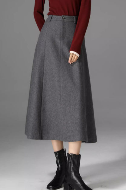 Gray Wool Midi Skirt - A-Line Silhouette with Pockets 5470