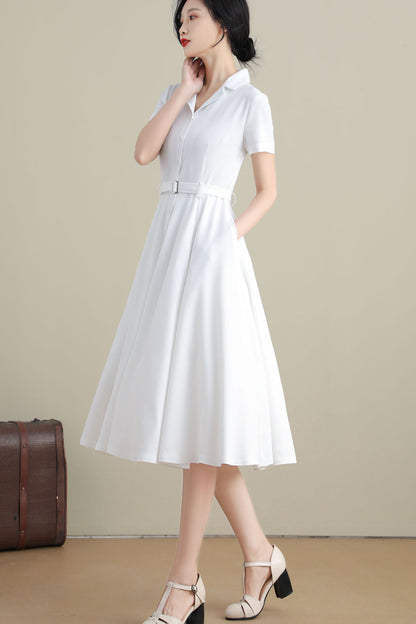 White Linen Cotton Swing Midi Dress - Notched Collar, Belted Waist 3271