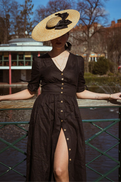 Black Linen Midi Dress - Deep V-Neck Buttoned Waist 5207