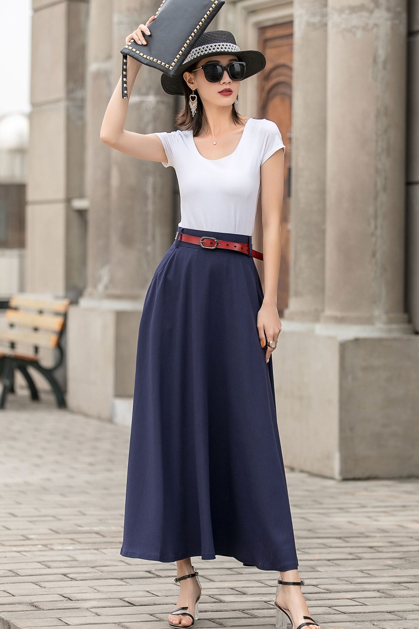 Minimalist Blue A-Line Long Linen Skirt For Women 2716
